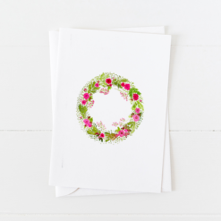 holiday wreath Christmas card with holly and holiday flowers and pointed flap envelope