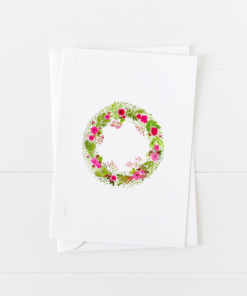 holiday wreath Christmas card with holly and holiday flowers and pointed flap envelope