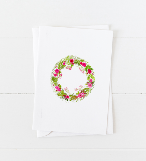 holiday wreath Christmas card with holly and holiday flowers and pointed flap envelope