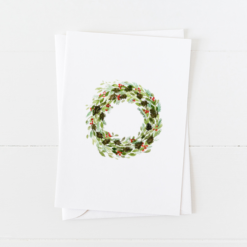 Holly holiday wreath Christmas card with pointed flap envelope