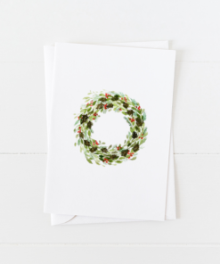 Holly holiday wreath Christmas card with pointed flap envelope