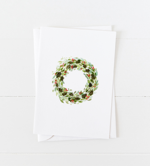 Holly holiday wreath Christmas card with pointed flap envelope