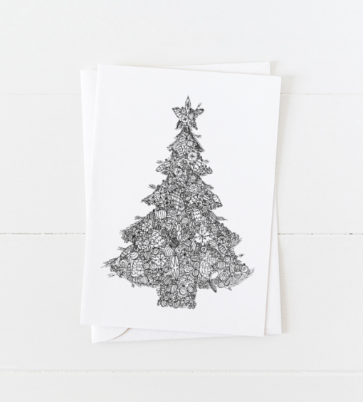 Hand drawn Christmas tree created from ornament doodles with a pointed flap envelope