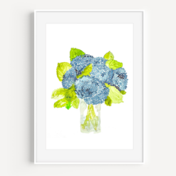 watercolor blue hydrangeas in a vase