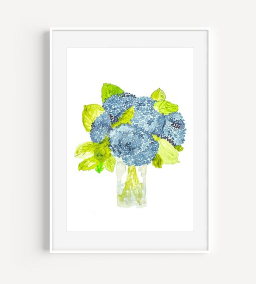 watercolor blue hydrangeas in a vase