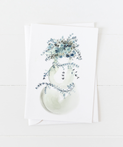 snowman Christmas card with ice blue and gray flowers as a hat, scarf, and arms with pointed flap envelope