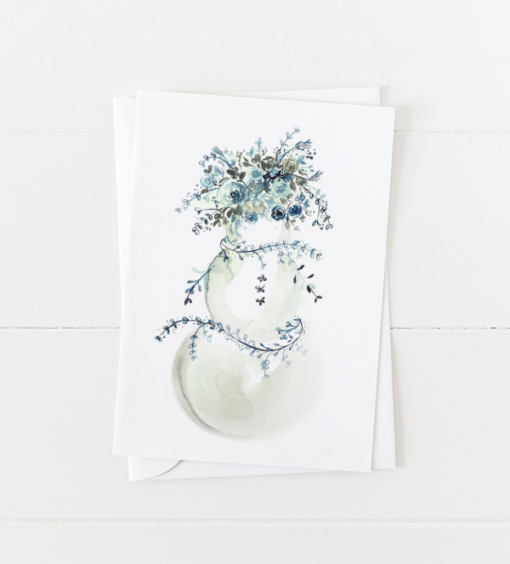 snowman Christmas card with ice blue and gray flowers as a hat, scarf, and arms with pointed flap envelope