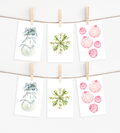 Watercolor holiday Christmas Card set with pointed flap envelopes