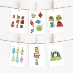 Holiday Watercolor and Ink Christmas Card Collection with pointed flap envelopes