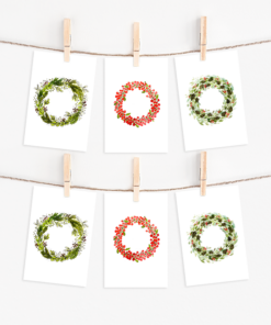 Holiday wreath Christmas card set with 6 cards and pointed flap envelopes