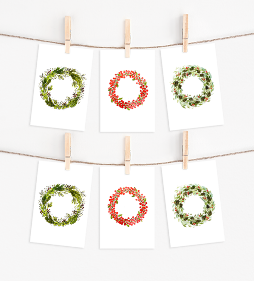 Holiday wreath Christmas card set with 6 cards and pointed flap envelopes