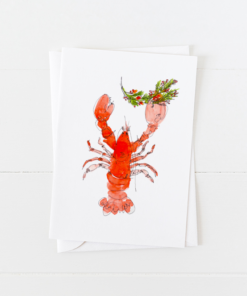 Watercolor lobster doodle holding a holiday branch with berries Christmas Card with pointed flap envelope