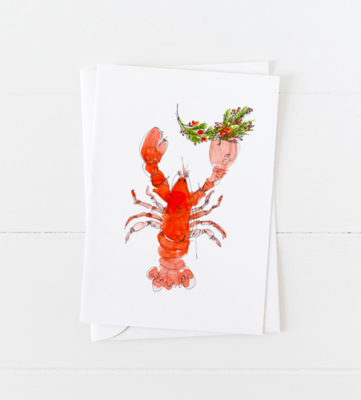 Watercolor lobster doodle holding a holiday branch with berries Christmas Card with pointed flap envelope