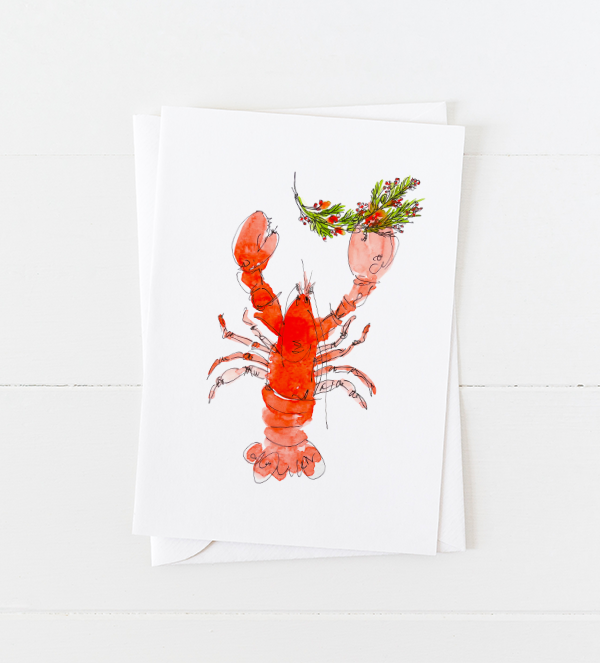 Watercolor lobster doodle holding a holiday branch with berries Christmas Card with pointed flap envelope