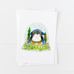 Cute watercolor penguin inside a snow globe Christmas card with pointed flap envelopes