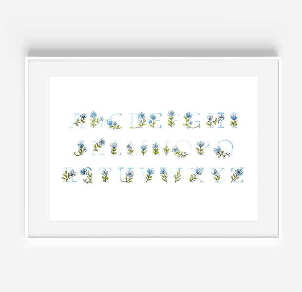 Blue Floral Alphabet Watercolor Print